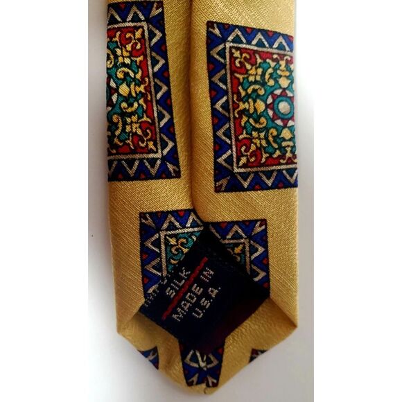 Tom James 100% Silk Tie USA Yellow/Purple/Red/Green Square Geometric Pattern - Picture 10 of 11